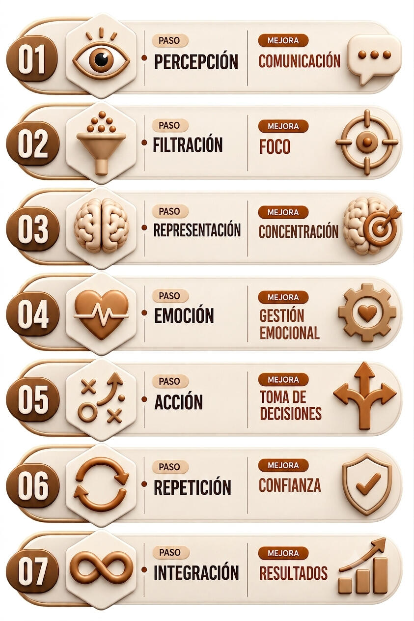 Infografía del Método de 7 Pasos y 7 Mejoras de Ginés Muñoz para el rendimiento deportivo: 1. Percepción a Comunicación, 2. Filtración a Foco, 3. Representación a Confianza, 4. Emoción a Concentración, 5. Acción a Toma de decisiones, 6. Repetición a Gestió