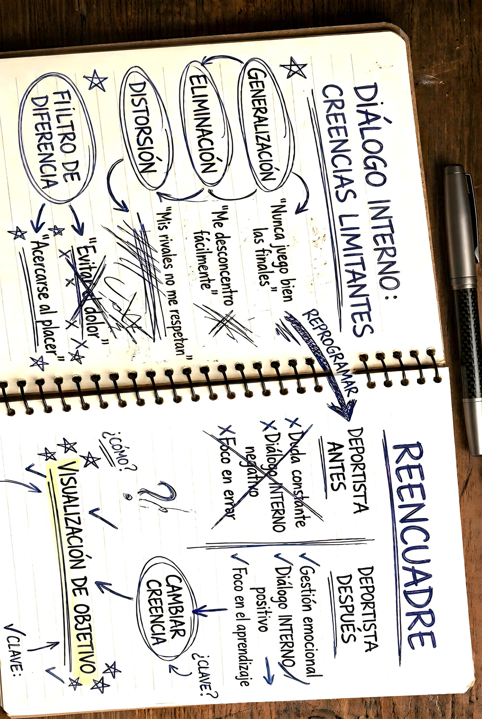 esquema-pnl-comunicacion-deportiva.jpg Libreta de trabajo con esquemas manuscritos sobre PNL deportiva, reencuadre, diálogo interno y cambio de creencias para entrenadores